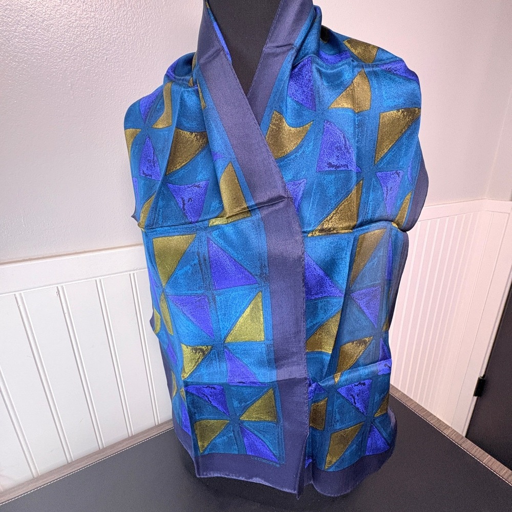 Liz Claiborne Vintage 100% Silk Scarf Geometric Blue Gold Triangle 50X11